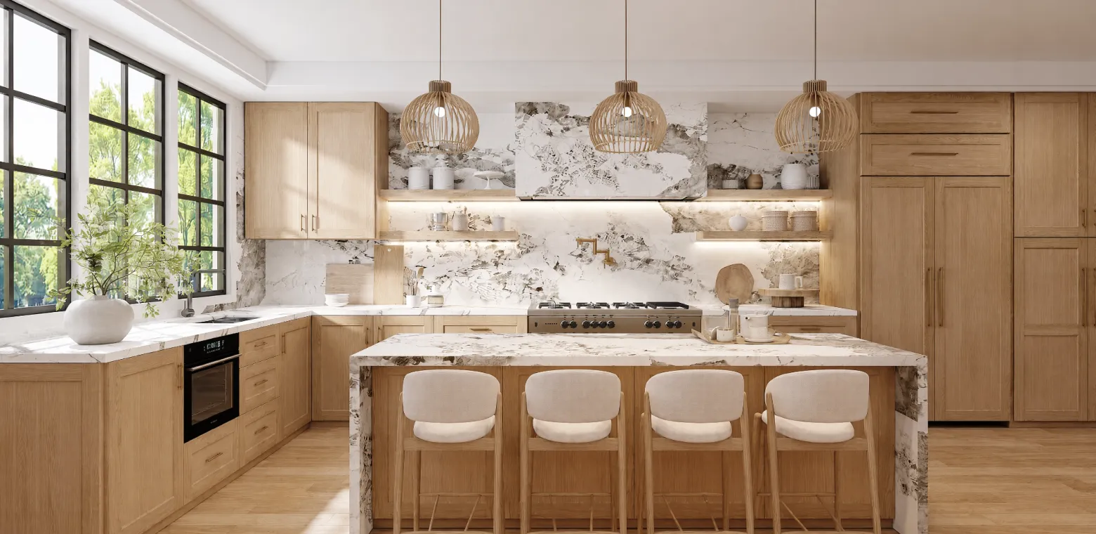 Oak Shaker Cabinets with a Marble Backsplash — Oak Shaker (F5) — Shaker Series