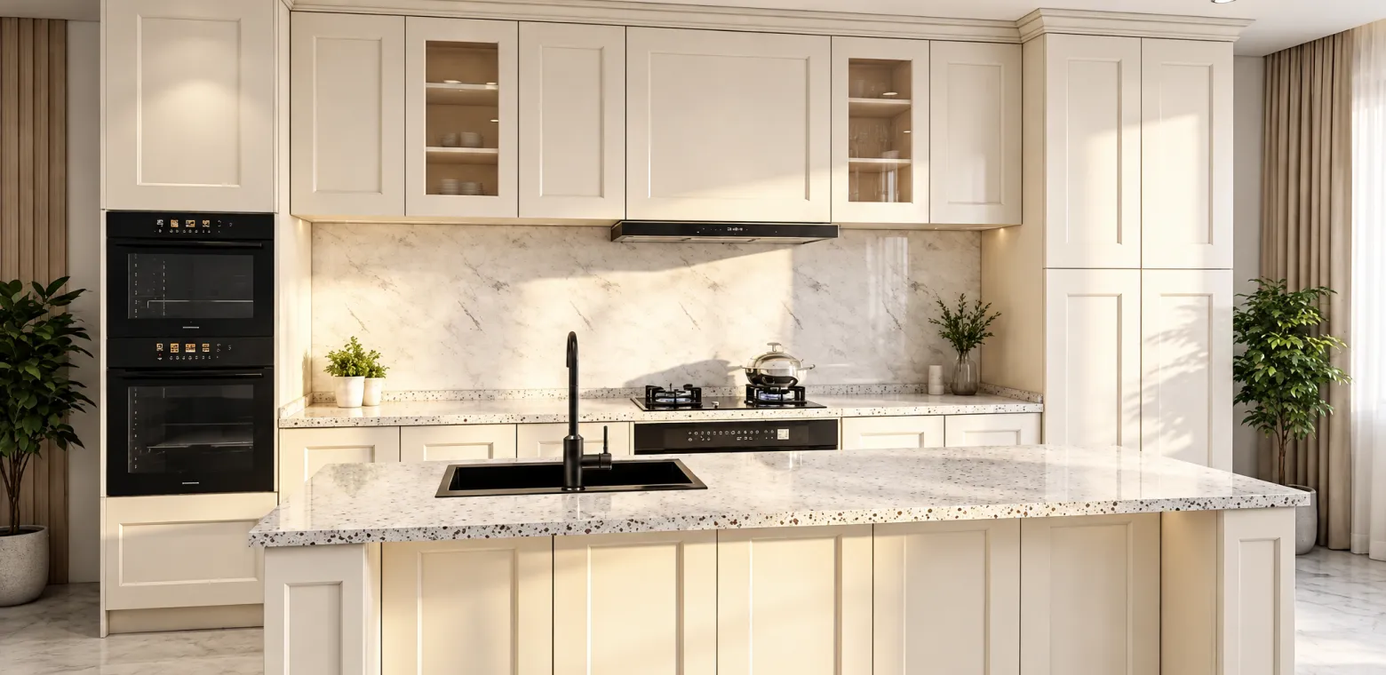 Ivory Shaker Kitchen Cabinets with a Terrazzo Island — Ivory Shaker (F6) — Shaker Series